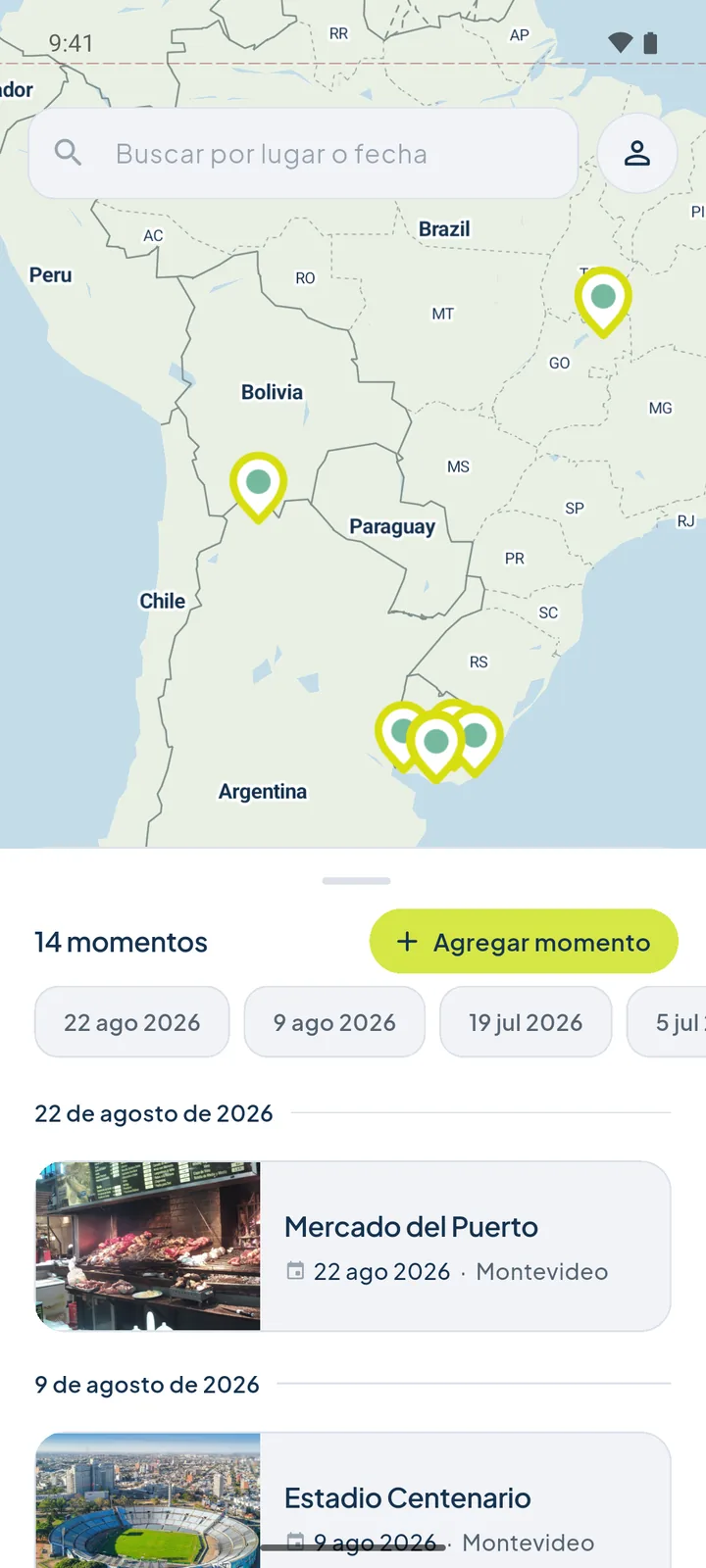 Pantalla principal de I Was There con el mapa, los pines y la lista de momentos