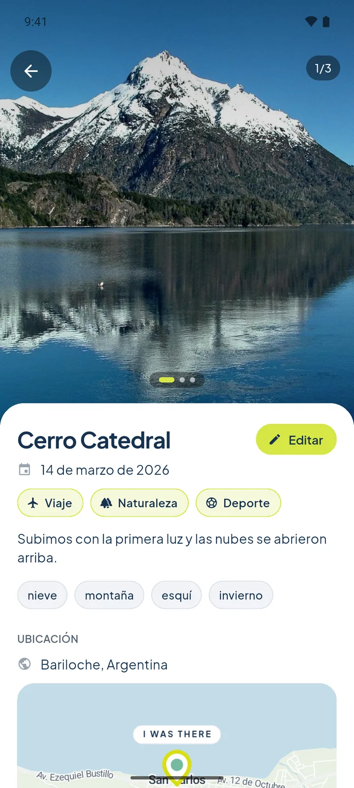 Detalle del momento Cerro Catedral, con la fotografía, la fecha, las categorías y la nota
